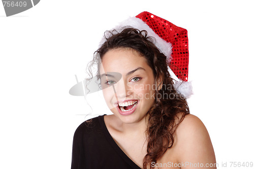 Image of young woman wearing christmas hat