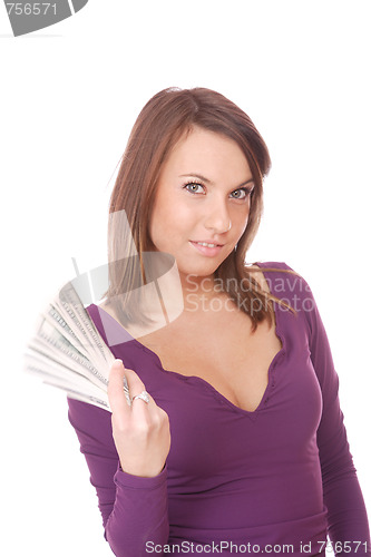 Image of Attractive woman takes lot of 100 dollar bills