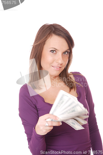 Image of Attractive woman takes lot of 100 dollar bills