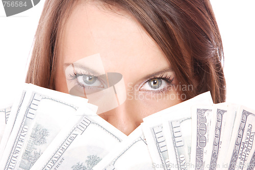 Image of Attractive woman takes lot of 100 dollar bills