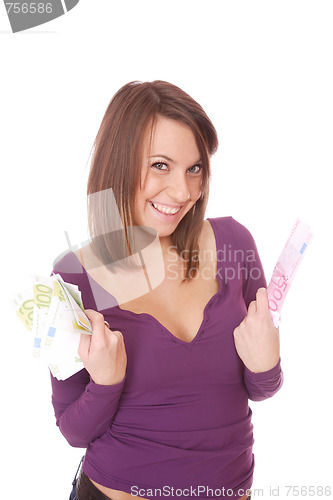 Image of Happy woman with group of euro bills Isolated.