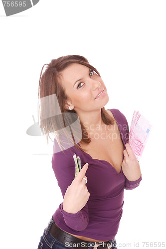 Image of Happy woman with group of euro bills Isolated.