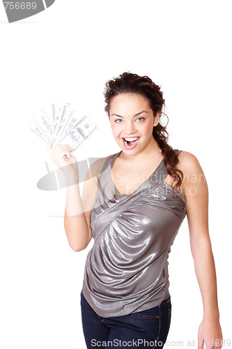 Image of Attractive woman takes lot of 100 dollar bills