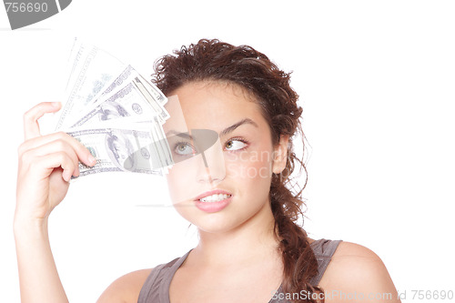 Image of Attractive woman takes lot of 100 dollar bills