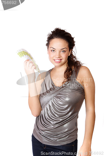 Image of Happy woman with group of euro bills Isolated.