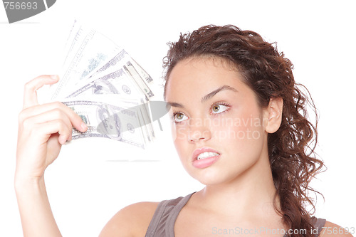 Image of Attractive woman takes lot of 100 dollar bills