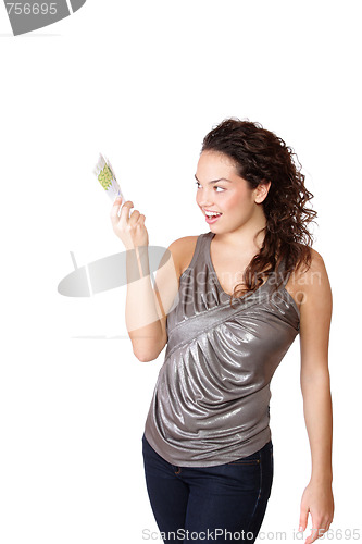 Image of Happy woman with group of euro bills Isolated.