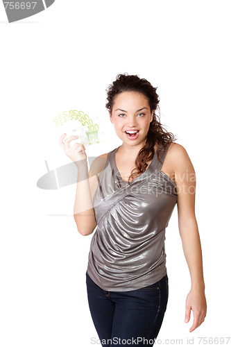 Image of Happy woman with group of euro bills Isolated.