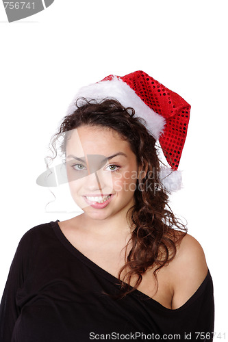 Image of young woman wearing christmas hat