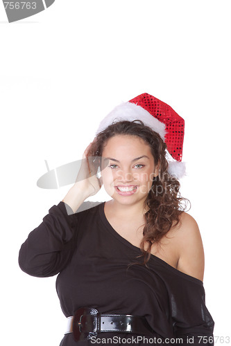 Image of young woman wearing christmas hat