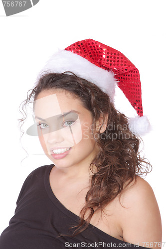 Image of young woman wearing christmas hat
