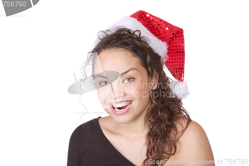 Image of young woman wearing christmas hat