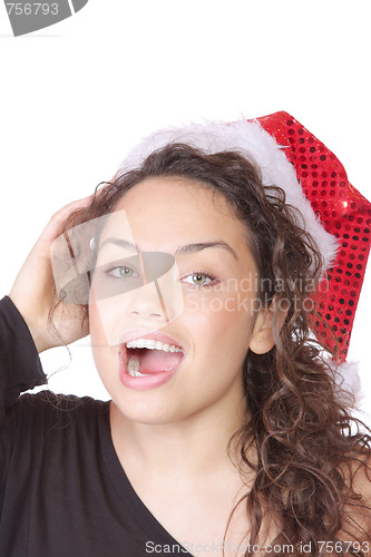Image of young woman wearing christmas hat