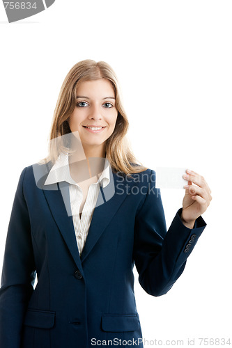 Image of Beautiful woman holding a business card