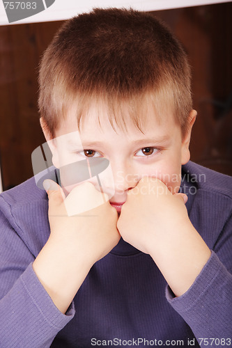 Image of Smiling boy leaning on fists