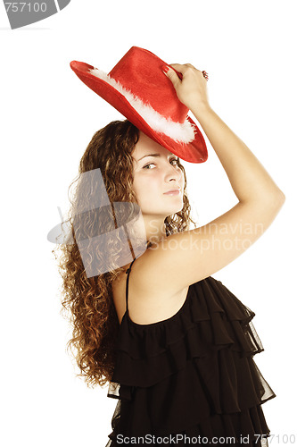 Image of Curly woman in red hat