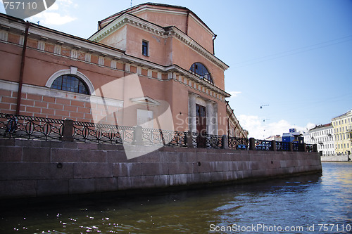 Image of Old red building corner alongside channel