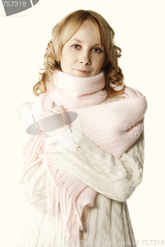 Image of Blonde in pink scarf