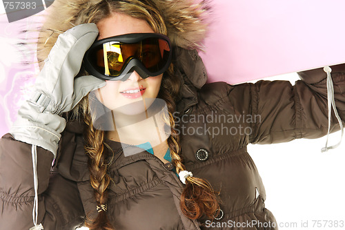 Image of Gir with pink snowboard
