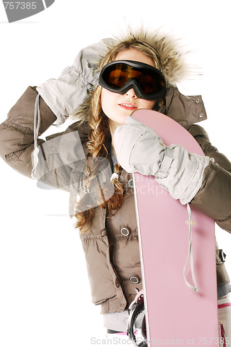 Image of Woman posing with snowboard