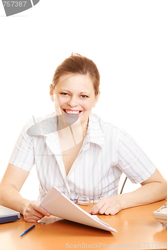 Image of Smiling woman with pile of papers