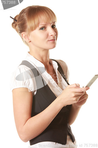 Image of Smiling woman holding mobile