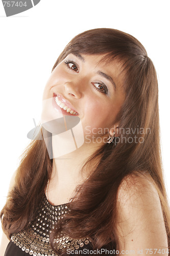 Image of Smiling brunette turning head