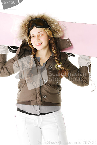 Image of Pink snowboard on woman shoulders