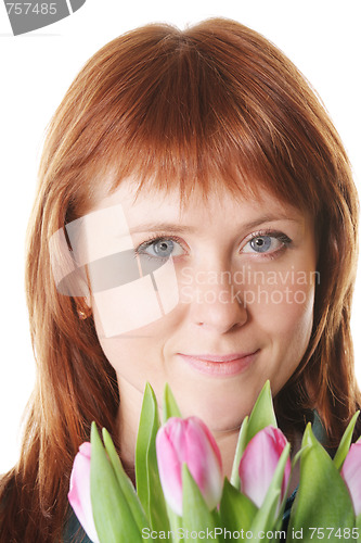 Image of Serene redhead with pink tulips