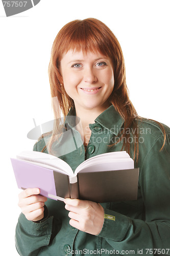 Image of Smiling redhead with open book