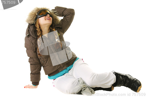 Image of Snowboarder woman looking up