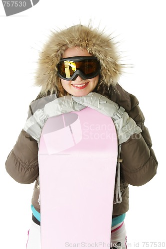 Image of Smiling woman in hood with snowboard