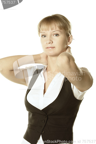 Image of Blonde businesswoman hands behind neck