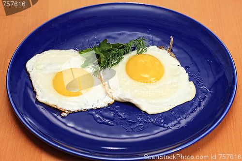 Image of Fried eggs in blue plate