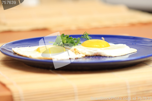 Image of Blue plate with fried eggs