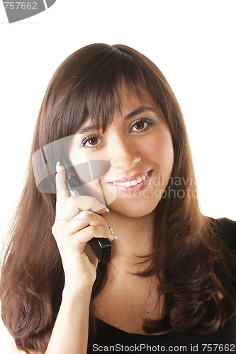 Image of Smiling brunette woman with phone
