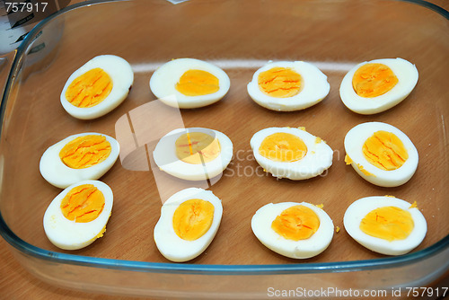 Image of Eggs in glass dish