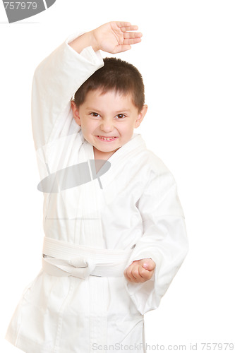 Image of Funny karate kid in defense stance