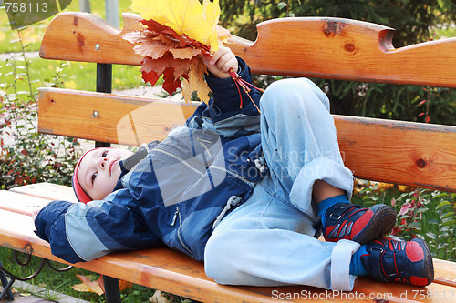 Image of Serene boy laying on bench