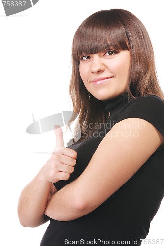 Image of Brunette in black thumb up sideview