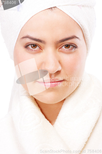 Image of Portrait of woman in bathrobe