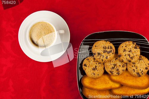 Image of Coffee and cookies on a red background