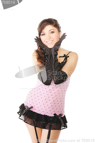 Image of Smiling woman in pink dress
