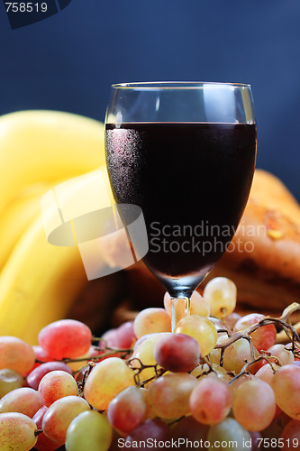 Image of Red wine with bananas on background