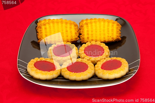 Image of plate of cookies on red background