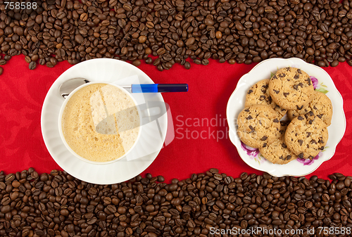 Image of coffee cup from above with coffee beans