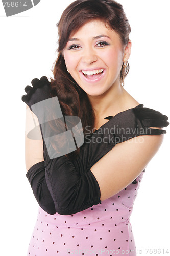Image of Laughing woman in pink dress