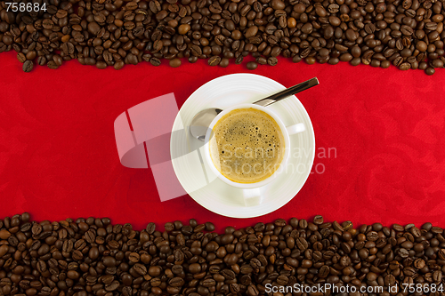 Image of coffee cup from above with coffee beans