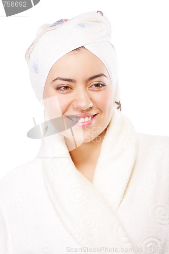 Image of Positive woman in bathrobe