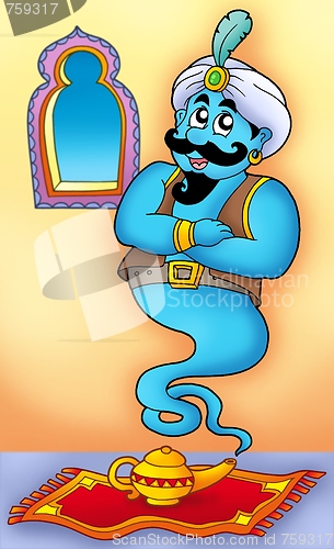 Image of Genie from lamp on carpet